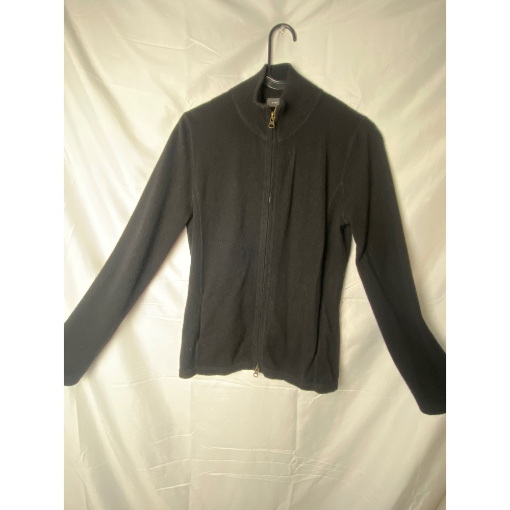 Saks Fifth Avenue Classic Black Cashmere Zip Up Cardigan Sweater Womens M damage